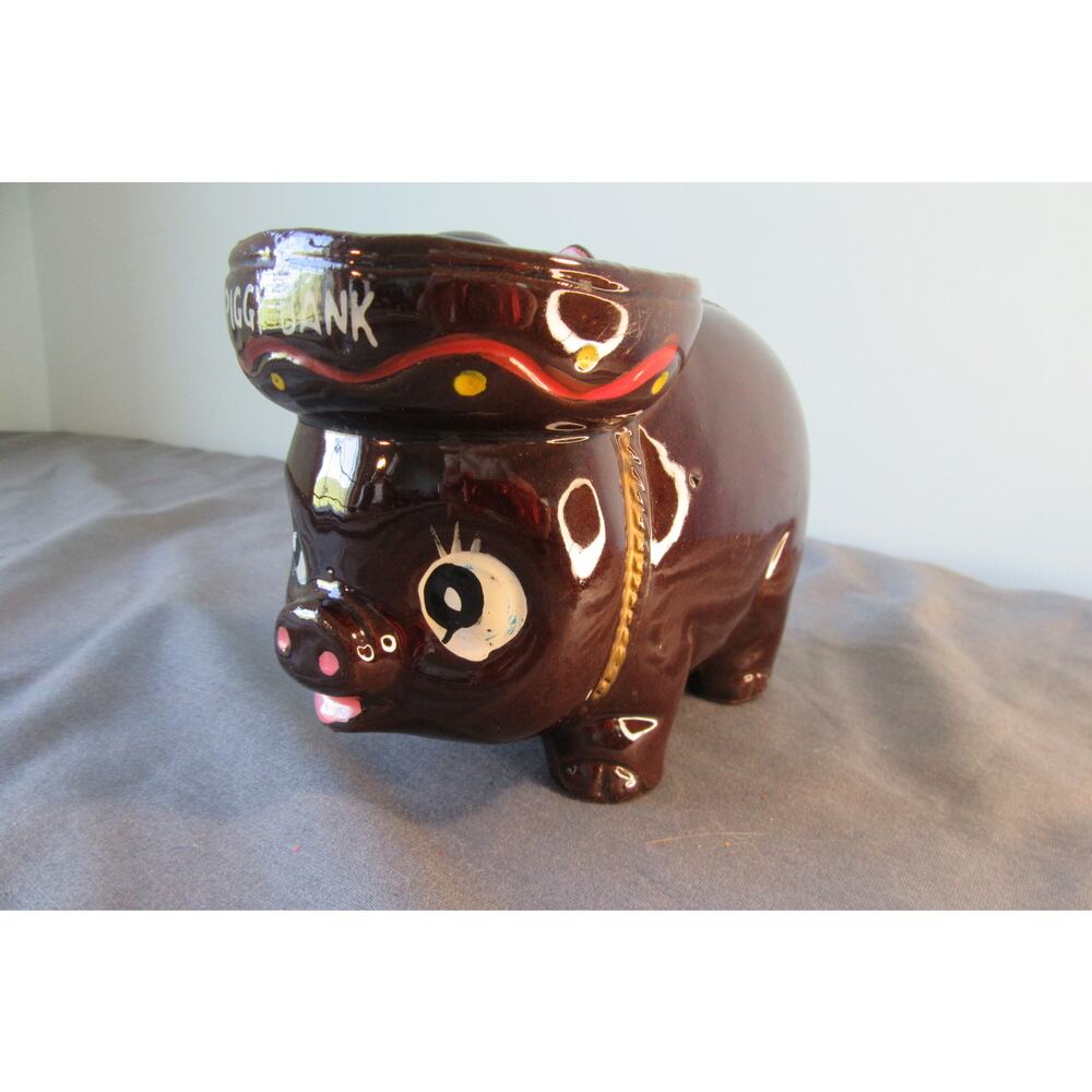 Vintage Redware Ceramic Brown Piggy Bank With Hat Hand Painted No Stopper